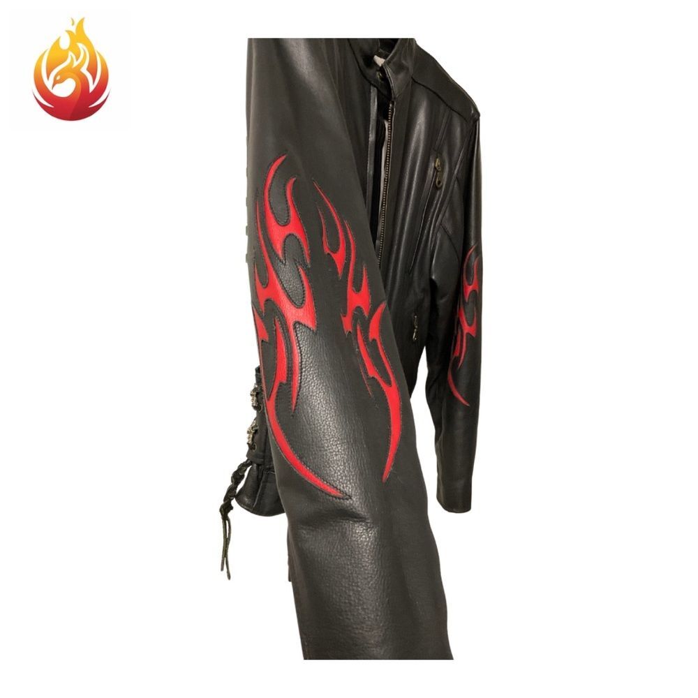 Leather Craft USA Black Motorcycle Jacket with Red  Tribal Detail XS - Picture 8 of 9